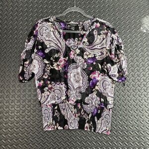 White House Black Market Black Purple Paisley Blouse Top Women's Size XS